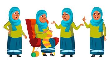 Arab, Muslim Old Woman Poses Set Vector. Elderly People. Senior Person. Aged. Cheerful Grandparent. Presentation, Invitation, Card Design. Isolated Cartoon Illustration vector