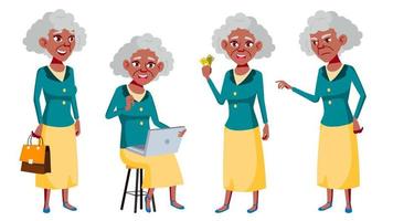 Old Woman Poses Set Vector. Black. Afro American. Elderly People. Senior Person. Aged. Friendly Grandparent. Banner, Flyer, Brochure Design. Isolated Cartoon Illustration vector