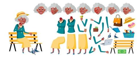 Old Woman Vector. Senior Person Portrait. Black. Afro American. Elderly People. Aged. Animation Creation Set. Face Emotions, Gestures. Cute Retiree. Activity. Animated. Cartoon Illustration vector