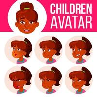 Indian Girl Avatar Set Kid Vector. High School. Face Emotions. User, Character. Cheer, Pretty. Cartoon Head Illustration vector