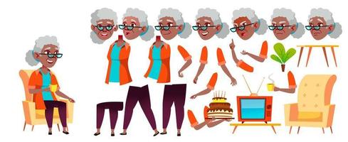 Old Woman Vector. Black. Afro American. Senior Person Portrait. Elderly People. Aged. Animation Creation Set. Face Emotions, Gestures. Friendly Grandparent. Animated. Isolated Ilustration vector