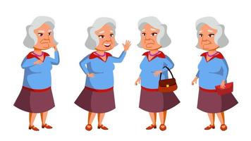 Asian Old Woman Poses Set Vector. Elderly People. Senior Person. Aged. Cheerful Grandparent. Presentation, Invitation, Card Design. Isolated Cartoon Illustration vector