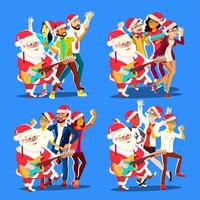 Santa Claus Dancing With Group Of People And Guitar In Hands. Positive Men And Women. Having Fun Dancing. Christmas Party Vector Illustration