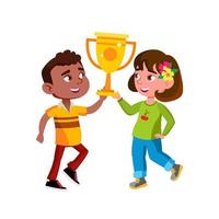 niño y niña niños sosteniendo vector de copa de premio