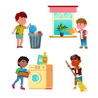 Boys Kids Cleaning And Doing Housework Set Vector