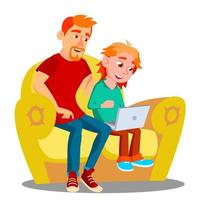 Father And Son Using Laptop On The Sofa Vector. Isolated Illustration vector