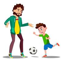 padre jugando al fútbol con su pequeño hijo en el vector de hierba. ilustración aislada