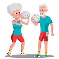 Active Elderly Man And Woman Playing Ball Vector. Isolated Illustration vector