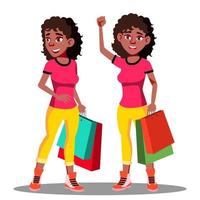 mujer feliz con bolsas de compras después del vector de compras. ilustración aislada