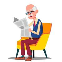 hombre de edad avanzada con anteojos leyendo un periódico en un vector de silla. ilustración aislada