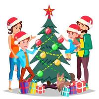 Parents With Children Decorating A Christmas Tree Vector. Isolated Illustration vector