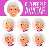 Asian Old Woman Avatar Set Vector. Face Emotions. Senior Person Portrait. Elderly People. Aged. Emotions, Emotional. Casual. Cartoon Head Illustration vector