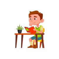 Boy Child Reading Interesting Book At Table Vector