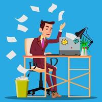 Angry Manager Siting At Table Crumples The Paper And Throwing It In Paper Basket Vector. Isolated Illustration vector