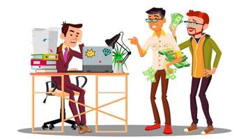 Businessman Loser With A Stack Of Documents Next To Laughing Colleagues With Money Vector. Isolated Illustration vector