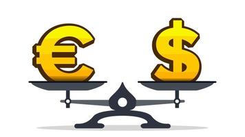 Euro Sign Overweight Dollar Sign On Scales Vector. Isolated Illustration vector