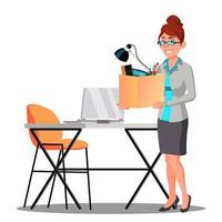 Happy Woman With Box With Things Near Table Getting A New Job Vector. Isolated Illustration vector