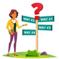 Business Woman Chooses A Path Of Ways, Direction, Strategy Vector. Isolated Illustration vector