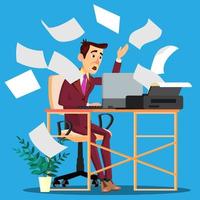 Sheets Of Paper From The Printer Scattering Around And On Frightened Manager Vector. Isolated Illustration vector