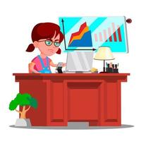 pequeña jefa, niña seria con gafas grandes sentada en el vector de escritorio de oficina. ilustración aislada
