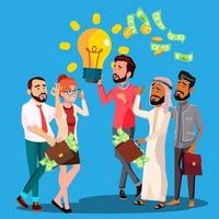 Business Idea Vector. A Man Holding Light Bulb In Hands. Queue Of Multinational Businessmen With Money Bags And Bunch Cash In Hands. Illustration vector