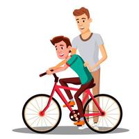 Father Teaches His Son To Ride A Bicycle Vector. Isolated Illustration vector