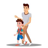 Father Leads To School Child Boy In New School Year Vector. Isolated Illustration vector