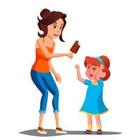 Mother Gives Ice Cream To A Crying Child Vector. Isolated Illustration