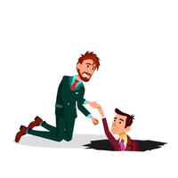 Help A Colleague. One Businessman Pulling Colleague From The Pit Vector Flat Cartoon Illustration