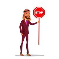 Arab Businessman Standing With Stop Sign Vector Flat Cartoon Illustration