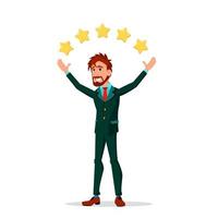 Evaluation Of Customer Service. Manager Throws Up Five Stars From His Hands Vector Flat Cartoon Illustration