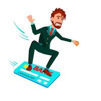 Businessman Sliding On Credit Card Like On Snowboard Vector Flat Cartoon Illustration