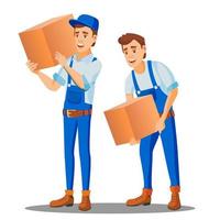 Delivery Worker In Uniform Carries A Heavy Box Vector. Isolated Illustration vector