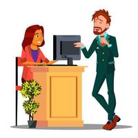 Reception, Cute Girl Behind The Desk Reception Meeting The Guest Vector. Isolated Illustration vector
