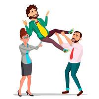 Customer Support, Employee In Business Suit Holding A Happy Client Over His Head Vector. Isolated Illustration vector