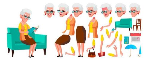 Old Woman Vector. Senior Person Portrait. Elderly People. Aged. Animation Creation Set. Face Emotions, Gestures. Cheerful Grandparent. Card Design. Animated. Isolated Cartoon Illustration vector