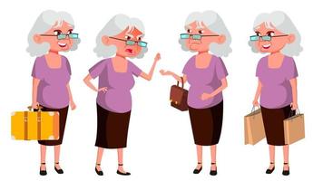 Old Woman Poses Set Vector. Elderly People. Senior Person. Aged. Active Grandparent. Joy. Web, Brochure, Poster Design. Isolated Cartoon Illustration vector