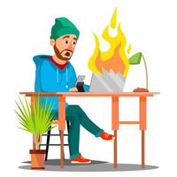 Scared Employees Sitting At The Table And Burning With Fire Laptop Vector. Isolated Illustration vector