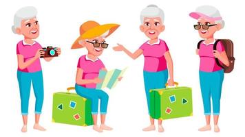 Old Woman Poses Set Vector. Elderly People. Senior Person. Aged. Tourist, Tourism. Positive Pensioner. Web, Brochure, Poster Design. Isolated Cartoon Illustration vector