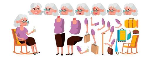 Old Woman Vector. Senior Person Portrait. Elderly People. Aged. Animation Creation Set. Face Emotions, Gestures. Positive Pensioner. Advertising Design. Animated. Isolated Cartoon Illustration vector