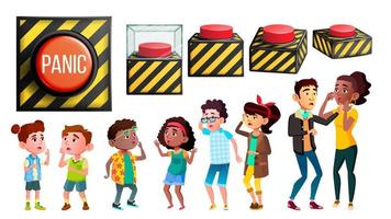 Panic Characters People And Red Button Set Vector