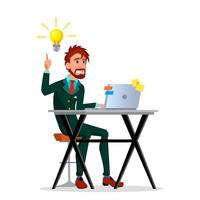 Yellow Light Bulbs Pouring From Head Of Businessman Working At Laptop Vector Flat Cartoon Illustration