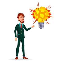 Frightened Sad Manager Near A Big Exploding Yellow Light Bulb Vector Flat Cartoon Illustration