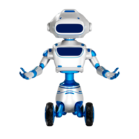 um robô branco-azul com inteligência artificial está de pé. png