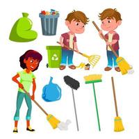 Character People Sweep And Equipment Set Vector
