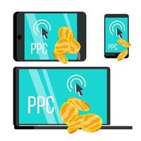 Ppc Pay Per Click Device And Coins Set Vector