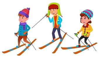 grupo de personajes de pie niños esquiador vector