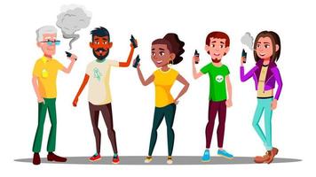 Vape People Vector. Person With Vaporizer Vaping Together. Hipster Addiction. Cloud. Illustration vector