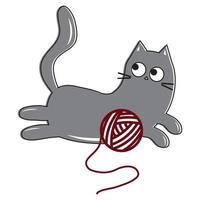 lindo gato jugando con una bola de hilo, ilustración de vector de color en estilo de dibujos animados