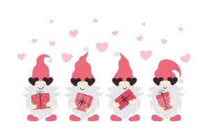 Cute Valentine Gnome with heart and gifts . Valentines day design. Vector illustration isolated on white background.